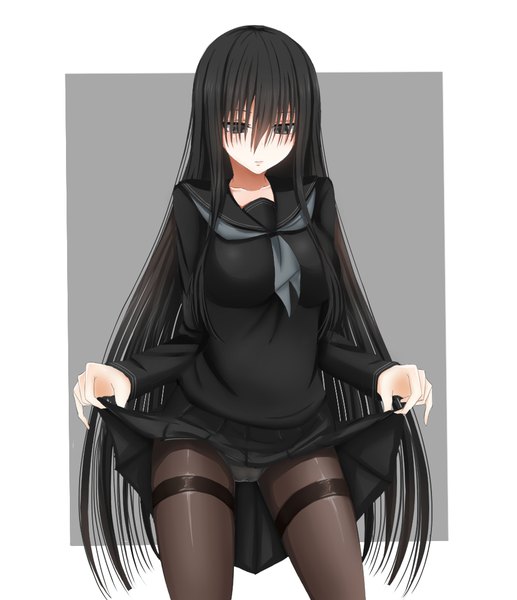 Anime picture 948x1099 with kuro senpai to kuro yashiki no yami ni mayowanai senpai (kuro senpai) liliyaily single tall image blush fringe light erotic black hair looking away very long hair black eyes pantyshot skirt lift girl underwear panties pantyhose black pantyhose thighband pantyhose