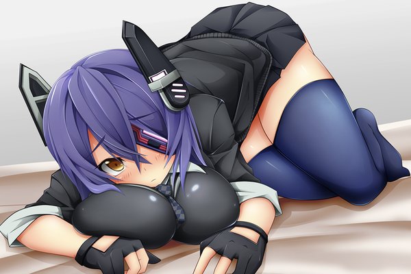 Anime picture 1200x800 with kantai collection tenryuu light cruiser hitokakeratsu single looking at viewer blush short hair breasts light erotic large breasts brown eyes blue hair girl thighhighs skirt gloves fingerless gloves eyepatch