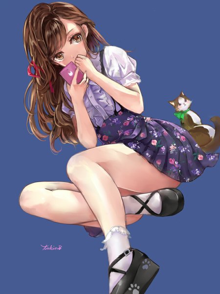 Anime picture 800x1066 with original 041 single long hair tall image looking at viewer simple background brown hair brown eyes legs blue background girl dress animal socks shoes white socks cat phone
