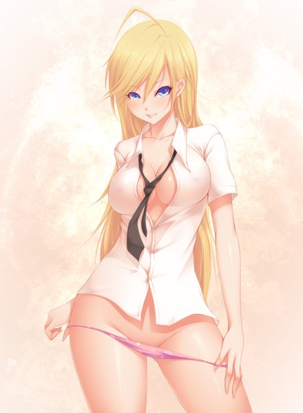 Anime picture 1100x1500 with panty & stocking with garterbelt anarchy panty shokuyou mogura long hair tall image light erotic blonde hair white background purple eyes undressing girl underwear panties necktie