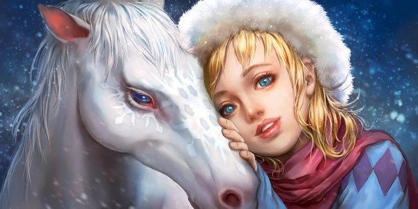 Anime picture 2000x1000 with original cmwdexint (artist) long hair looking at viewer fringe highres open mouth blue eyes blonde hair wide image realistic portrait snowing winter new year girl animal scarf fur horse