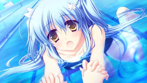 Anime picture 1024x576 with strawberry nauts long hair open mouth wide image yellow eyes blue hair game cg girl hair ornament swimsuit water one-piece swimsuit school swimsuit