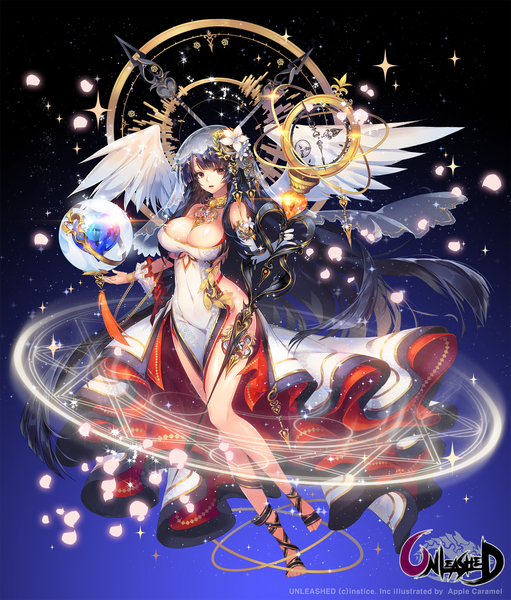 Anime picture 1500x1760 with unleashed apple caramel single tall image looking at viewer breasts light erotic black hair red eyes large breasts cleavage very long hair dark background girl dress gloves hair ornament petals wings white gloves
