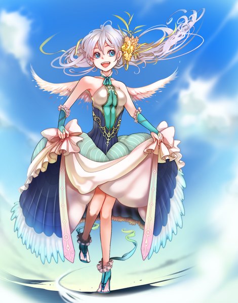 Anime picture 1600x2042 with original angorilla single long hair tall image open mouth blue eyes cloud (clouds) white hair girl dress hair ornament wings