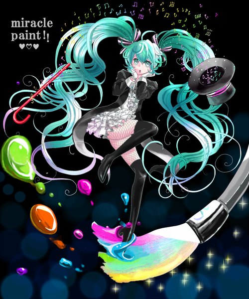Anime picture 1250x1500 with vocaloid miracle paint (vocaloid) hatsune miku 42 7 (pixiv id 1740974) single tall image looking at viewer open mouth blue eyes very long hair aqua eyes aqua hair text girl hat pantyhose bubble (bubbles) musical note fishnet pantyhose paintbrush