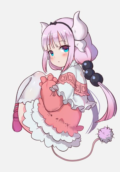 Anime picture 1000x1429 with kobayashi-san chi no maidragon kyoto animation kanna kamui dre single long hair tall image blush blue eyes light erotic simple background twintails payot purple hair full body tail looking back horn (horns) grey background low twintails