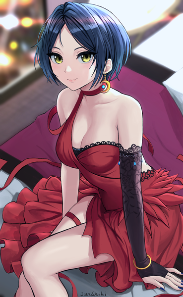 Anime picture 1200x1946 with idolmaster idolmaster cinderella girls idolmaster cinderella girls starlight stage hayami kanade junshiki single tall image looking at viewer blush fringe short hair breasts smile sitting bare shoulders signed yellow eyes blue hair cleavage indoors