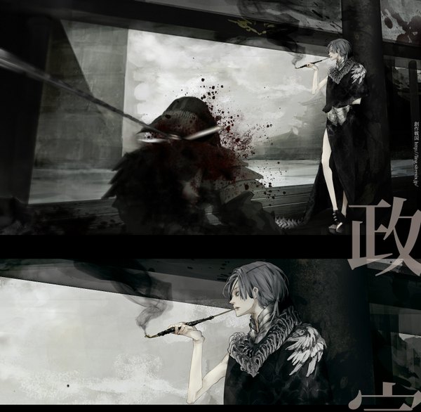 Anime picture 1500x1465 with tagme (artist) single short hair looking away grey hair smoke smoking boy blood eyepatch pipe kiseru