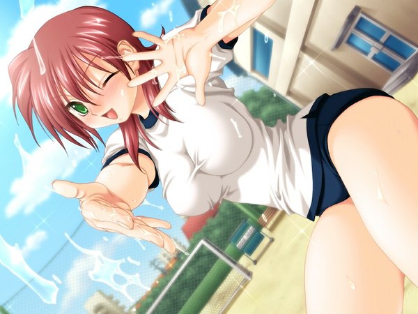 Anime picture 1024x768 with yuuane to issho - mitarashi kousei (game) breasts light erotic green eyes game cg red hair one eye closed wink girl uniform gym uniform