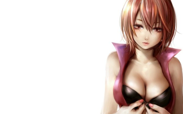 Anime picture 1280x800 with vocaloid meiko ao+beni single looking at viewer fringe short hair breasts light erotic simple background brown hair wide image large breasts white background brown eyes nail polish lips open clothes girl