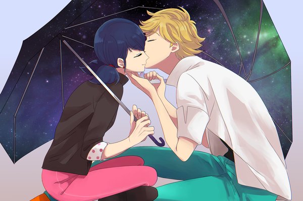 Anime picture 1956x1303 with miraculous ladybug marinette cheng adrien agreste aoi (pixiv10540700) highres short hair blonde hair simple background sitting twintails holding blue hair eyes closed profile light smile couple crossed legs gradient background low twintails short twintails