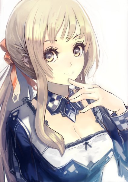 Anime picture 2480x3508 with original okuto single long hair tall image looking at viewer fringe highres breasts blonde hair simple background smile white background yellow eyes payot cleavage upper body ponytail long sleeves finger to mouth