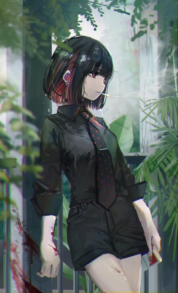 Anime picture 2072x3408 with original hashimoto kokai single tall image fringe highres short hair black hair red eyes standing holding looking away blunt bangs multicolored hair two-tone hair piercing mouth hold ear piercing smoke anaglyph