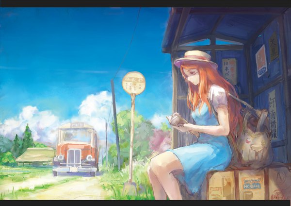 Anime picture 1832x1295 with original toritoritottori single long hair highres sky cloud (clouds) orange hair short sleeves orange eyes reading girl dress plant (plants) hat tree (trees) glasses book (books) building (buildings) grass