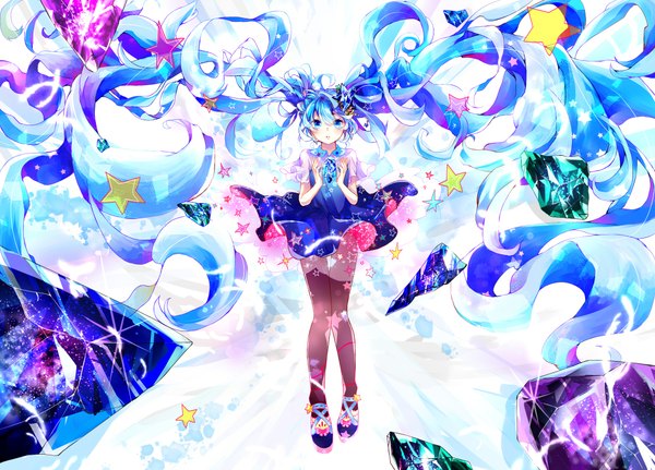 Anime picture 2210x1588 with vocaloid hatsune miku hoshino kisora single long hair looking at viewer highres open mouth blue eyes twintails blue hair floating hair girl dress pantyhose star (symbol) star (stars) blue dress