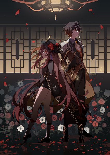 Anime picture 1180x1667 with genshin impact hu tao (genshin impact) zhongli (genshin impact) emmikn tall image fringe hair between eyes red eyes brown hair signed yellow eyes full body very long hair profile twitter username hands behind back girl boy flower (flowers) hat
