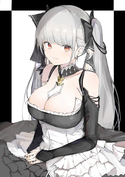 Anime picture 2893x4092 with azur lane formidable (azur lane) ryou (ponpgo) single long hair tall image fringe highres breasts light erotic red eyes large breasts twintails cleavage silver hair girl dress bow hair bow detached sleeves