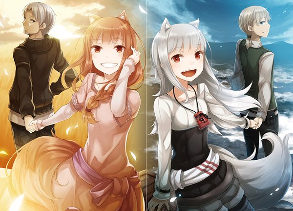 Anime picture 1419x1024 with spice and wolf shinsetsu spice and wolf horo craft lawrence myuri (spice and wolf) tote col ayakura juu long hair looking at viewer blush fringe short hair breasts blue eyes smile hair between eyes red eyes brown hair standing multiple girls