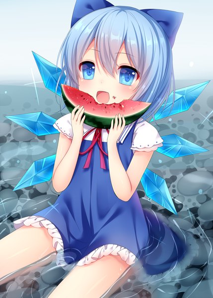 Аниме картинка 1000x1399 с touhou cirno nachi один (одна) высокое изображение смотрит на зрителя короткие волосы голубые глаза синие волосы девушка платье бант бант для волос крылья вода еда ягода (ягоды) арбуз