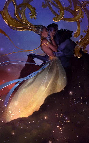 Anime picture 782x1250 with original alicechan tall image short hair black hair blonde hair silver hair eyes closed very long hair profile grey hair night night sky hug gradient hair face to face almost kiss personification hand on another's face blue skin