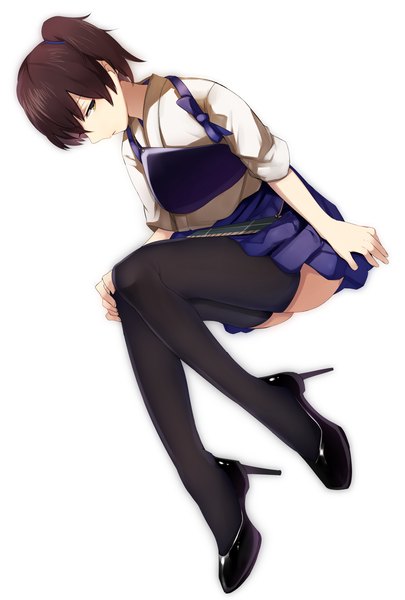 Anime picture 1200x1777 with kantai collection kaga aircraft carrier ashiwara yuu single tall image looking at viewer short hair simple background brown hair white background brown eyes ponytail legs side ponytail girl skirt shoes armor breastplate muneate