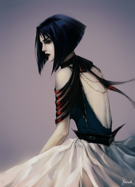 Anime picture 653x900 with original heleness single tall image short hair black hair simple background bare shoulders signed looking away profile black eyes realistic lipstick pale skin bare back purple background girl