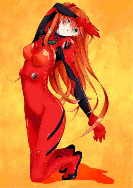 Anime picture 2507x3541 with neon genesis evangelion rebuild of evangelion evangelion: 2.0 you can (not) advance end of evangelion gainax soryu asuka langley shikinami asuka langley single long hair tall image fringe highres blue eyes orange hair midriff thighs kneeling looking down hand on head yellow background