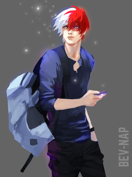 Anime picture 1500x2000 with boku no hero academia studio bones todoroki shouto bev-nap single tall image fringe short hair blue eyes simple background hair between eyes holding signed looking away white hair red hair multicolored hair lips inscription grey background