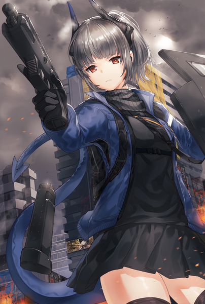 Anime picture 779x1158 with arknights liskarm (arknights) kfr single tall image fringe short hair standing holding brown eyes payot looking away cloud (clouds) outdoors tail long sleeves pleated skirt horn (horns) grey hair open jacket