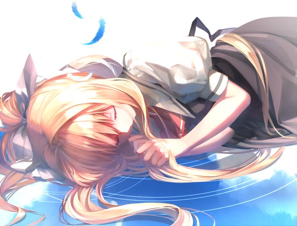 Anime picture 945x720 with air key (studio) kamio misuzu dekatanaba single long hair fringe blonde hair sky ponytail lying eyes closed puffy sleeves on side reflection sleeping girl skirt uniform ribbon (ribbons)