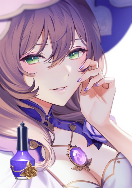 Anime picture 818x1157 with genshin impact lisa (genshin impact) esukee single long hair tall image fringe breasts hair between eyes brown hair green eyes cleavage upper body nail polish parted lips purple nail polish girl hat vision (genshin impact) nail polish bottle
