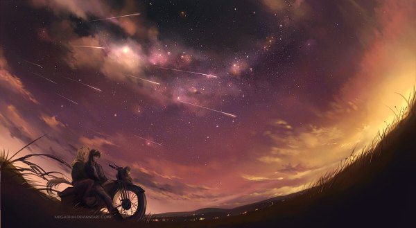 Anime picture 1200x658 with original megatruh long hair black hair blonde hair wide image animal ears sky cloud (clouds) tail animal tail black eyes evening sunset landscape meteor rain girl boy star (stars) jeans