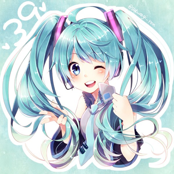 Anime picture 900x900 with vocaloid hatsune miku sakuragi ren single long hair looking at viewer blush open mouth blue eyes twintails signed ahoge one eye closed wink aqua hair teeth holding hair 39 girl detached sleeves