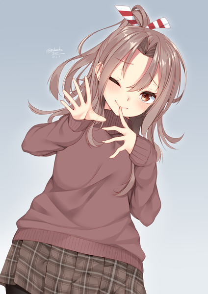 Anime picture 1447x2046 with kantai collection zuihou light aircraft carrier nebusoku single long hair tall image looking at viewer blush simple background brown hair brown eyes signed ponytail one eye closed wink grey background dutch angle twitter username finger to mouth dated