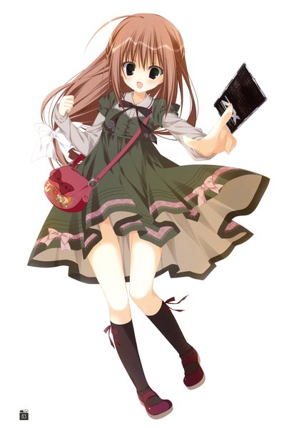 Anime picture 2446x3500 with inugami kira single long hair tall image blush highres open mouth simple background brown hair white background green eyes full body scan girl dress socks black socks bag green dress