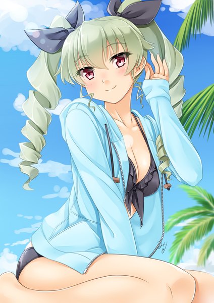 Anime picture 827x1169 with girls und panzer anchovy (girls und panzer) miri (ago550421) single long hair tall image blush light erotic smile red eyes twintails sky cloud (clouds) grey hair drill hair girl bow swimsuit hair bow bikini
