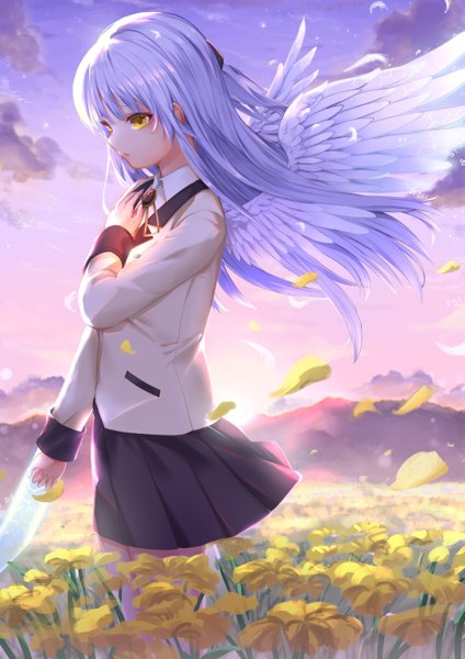 Anime picture 909x1286 with angel beats! key (studio) tachibana kanade haowei wu single long hair tall image fringe standing yellow eyes sky silver hair cloud (clouds) outdoors long sleeves profile pleated skirt wind sunlight hand on chest
