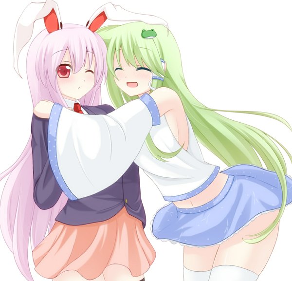 Anime picture 1099x1058 with touhou kochiya sanae reisen udongein inaba chimunge long hair blush open mouth simple background red eyes white background multiple girls pink hair eyes closed one eye closed green hair wink bunny ears hug bunny girl girl