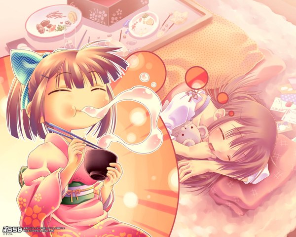 Anime picture 1280x1024 with original kiririn long hair short hair open mouth brown hair lying eyes closed japanese clothes eating sleeping under the table girl food kimono toy stuffed animal chopsticks kotatsu