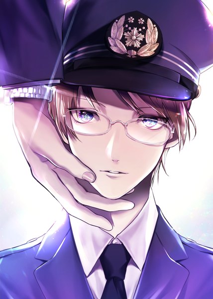 Anime picture 2976x4175 with original hoshino tall image highres short hair simple background brown hair white background purple eyes upper body parted lips head tilt fingernails solo focus hand on another's face boy uniform glasses necktie clock