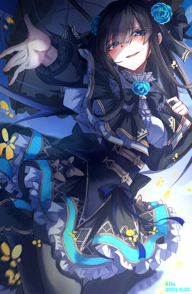 Anime picture 1633x2500 with arcaea tairitsu (arcaea) kilo (114514kk) single long hair tall image looking at viewer fringe open mouth blue eyes black hair smile hair between eyes holding signed payot long sleeves head tilt hair flower outstretched arm