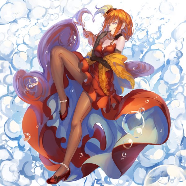 Anime picture 1754x1754 with original ryuuzaki ichi single long hair highres blue eyes orange hair finger to mouth girl dress gloves pantyhose elbow gloves bubble (bubbles)