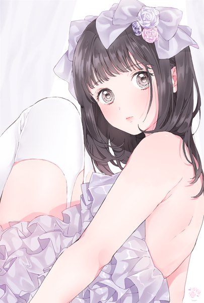 Anime picture 1378x2039 with original shizuko (chipccchip) single long hair tall image looking at viewer blush fringe black hair sitting bare shoulders brown eyes signed bent knee (knees) looking back hair flower lips zettai ryouiki symbol-shaped pupils girl