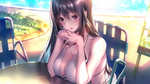 Anime picture 1920x1080 with amakano 2 amakano 2+ kurohime yuuki piromizu single long hair blush fringe highres breasts open mouth light erotic black hair hair between eyes red eyes wide image large breasts sitting looking away game cg