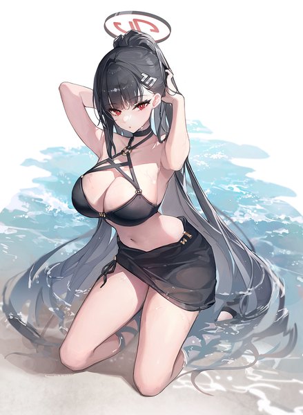 Anime picture 1200x1641 with blue archive rio (blue archive) ttosom single tall image looking at viewer fringe breasts light erotic black hair simple background red eyes large breasts white background full body ponytail blunt bangs very long hair arms up armpit (armpits)