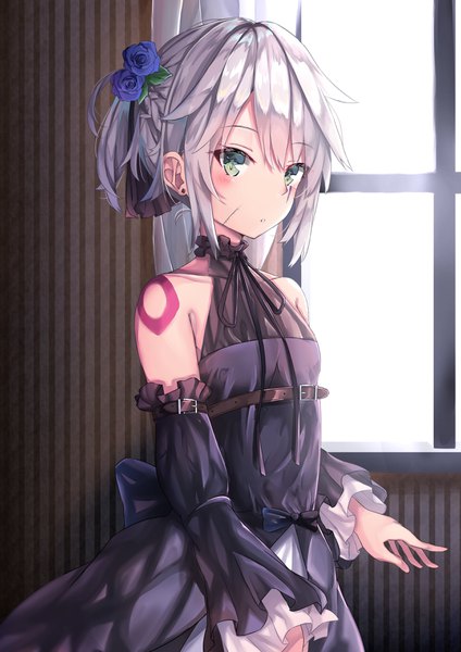 Anime picture 2480x3508 with fate (series) fate/apocrypha jack the ripper (fate/apocrypha) tsukasa tsubasa single tall image looking at viewer blush fringe highres short hair hair between eyes standing bare shoulders green eyes payot silver hair ponytail indoors hair flower