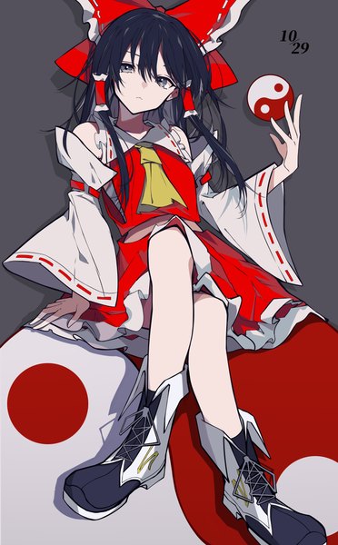 Anime picture 5581x9000 with touhou hakurei reimu mutsu aya single long hair tall image looking at viewer fringe highres black hair simple background hair between eyes sitting absurdres full body traditional clothes head tilt japanese clothes grey background grey eyes