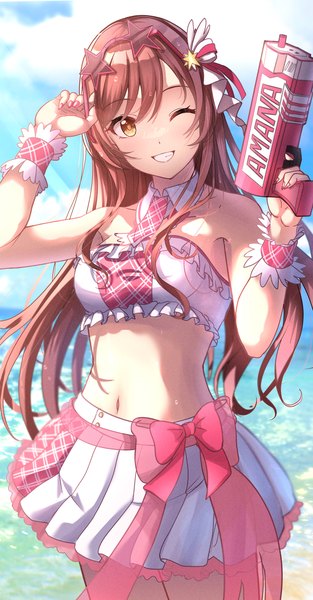 Anime picture 1862x3568 with idolmaster idolmaster shiny colors oosaki amana citrusmikan single long hair tall image looking at viewer highres breasts light erotic smile brown hair brown eyes sky cloud (clouds) outdoors nail polish one eye closed wink