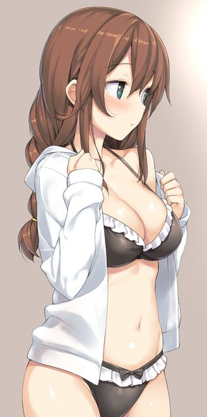 Anime picture 497x1000 with kantai collection noshiro light cruiser takayaki single long hair tall image blush fringe breasts light erotic simple background brown hair large breasts green eyes looking away braid (braids) open jacket single braid swimsuit under clothes girl