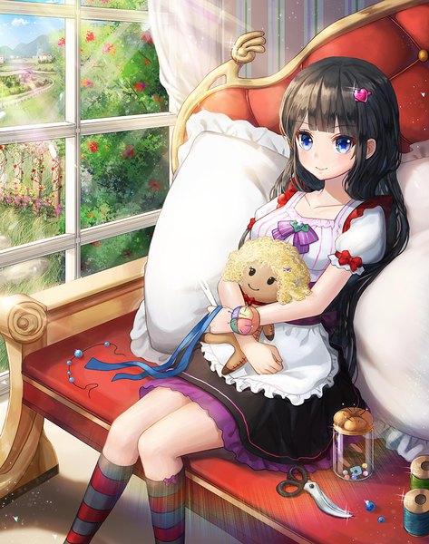 Anime picture 800x1015 with original roang single long hair tall image blush fringe blue eyes black hair smile sitting holding looking away indoors sunlight sparkle puffy sleeves girl dress flower (flowers)